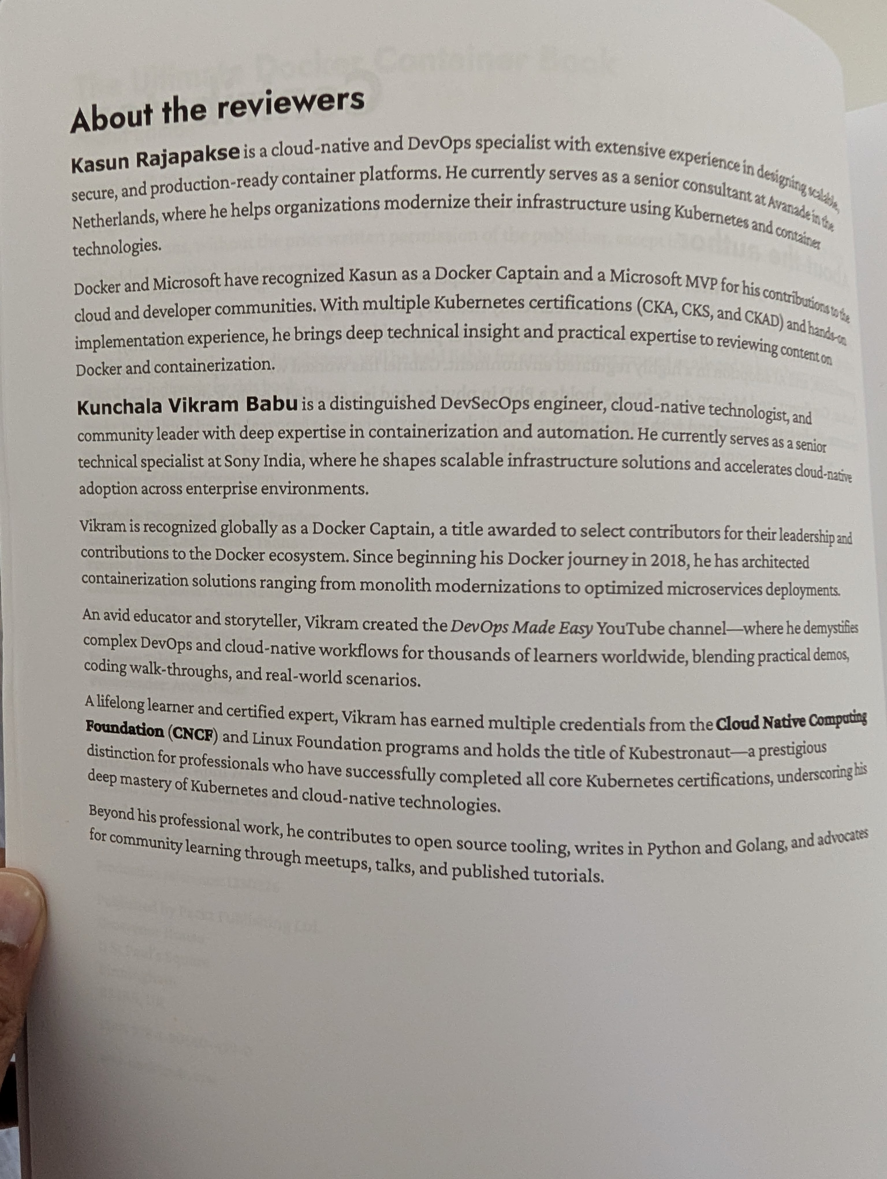 Technical reviewer bio in the book