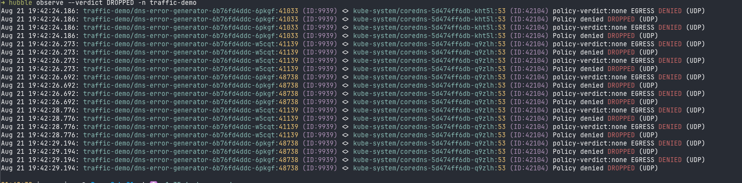Hubble view showing dropped DNS traffic from the traffic-demo namespace