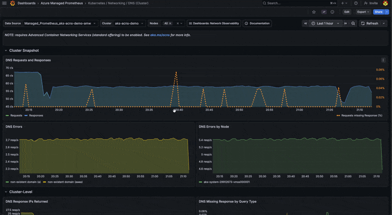 Grafana DNS dashboard showing request and response rates with errors