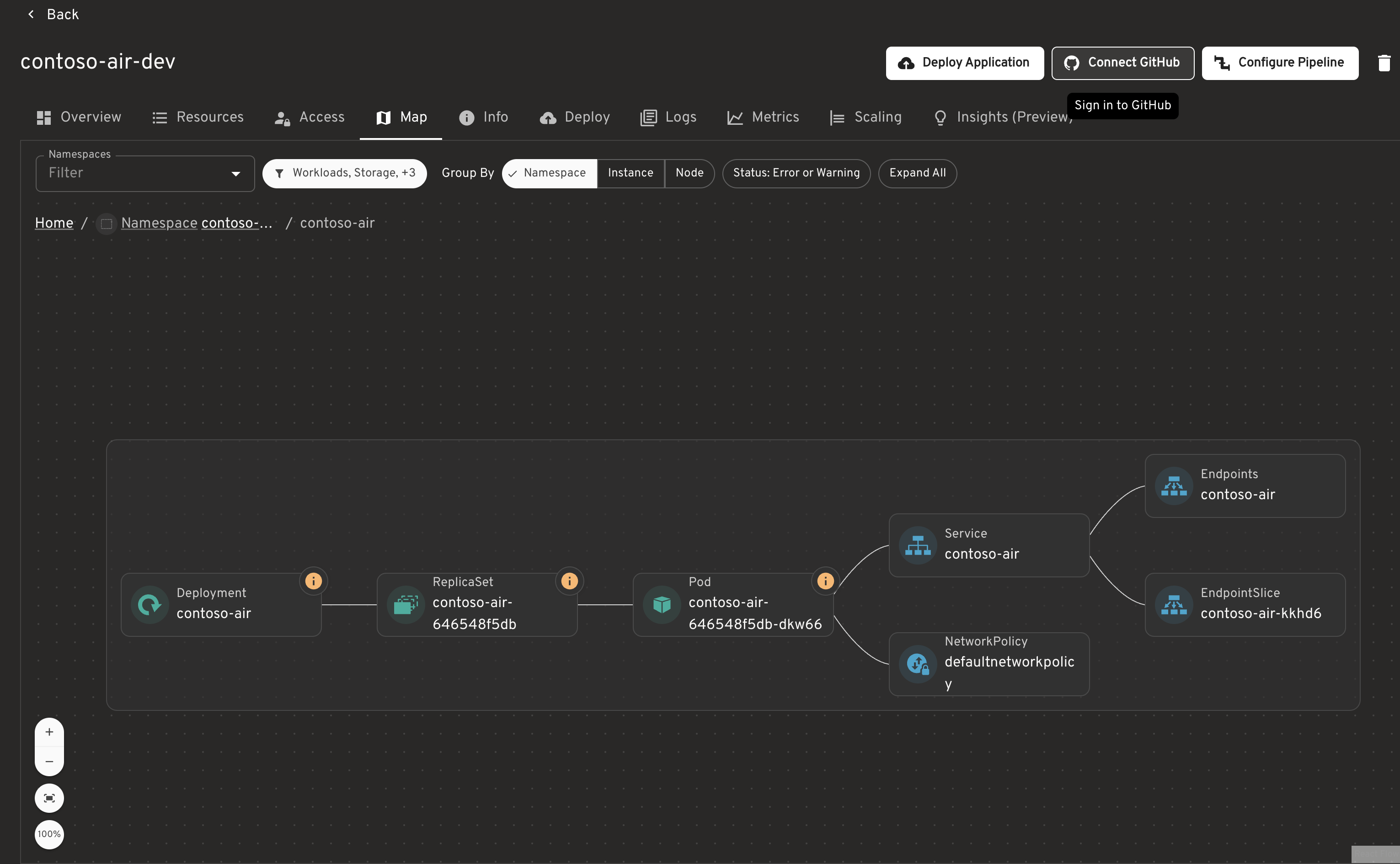 The Map tab in AKS desktop showing the deployed application's Deployment, ReplicaSet, Pods, and Service and the relationships between them