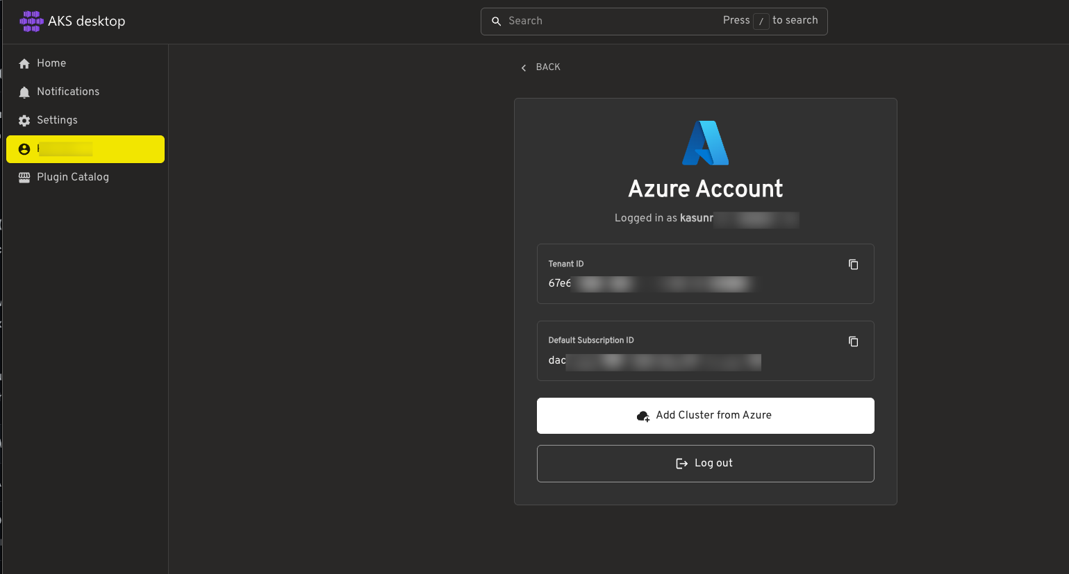 AKS desktop home screen after signing in with Azure, showing the registered AKS cluster ready to open