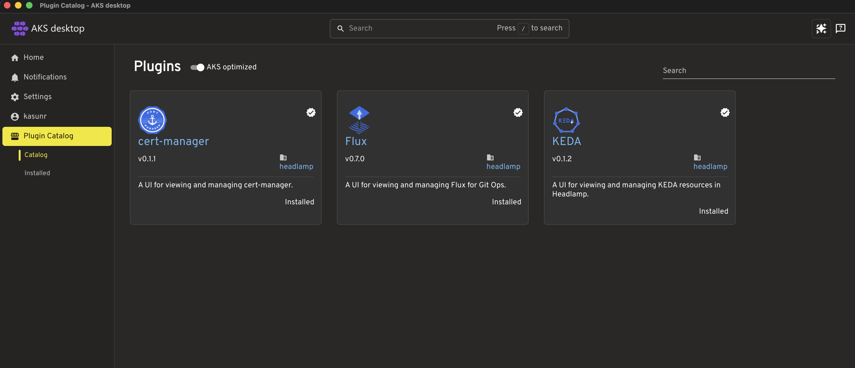 The Plugin Catalog in AKS desktop with the AKS optimized toggle enabled, showing cert-manager, Flux, and KEDA plugin cards, each verified, published by headlamp, and marked Installed