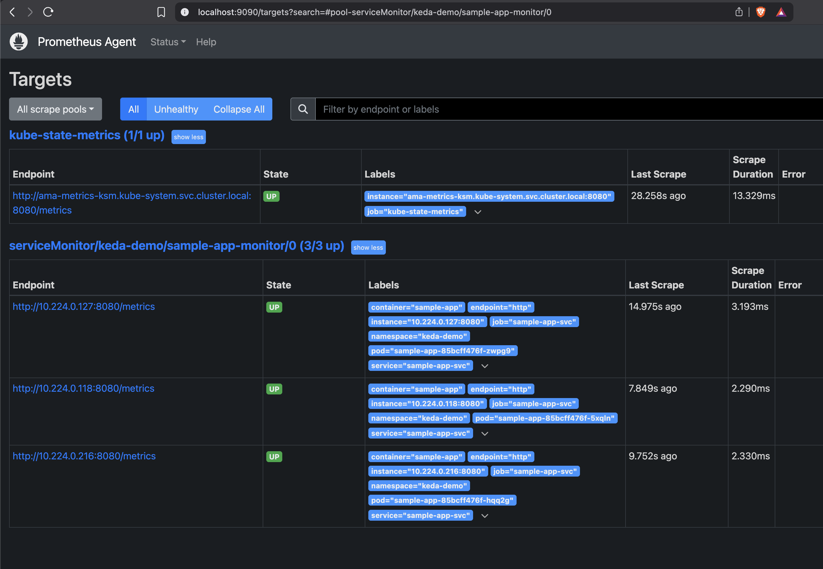Prometheus Agent targets page showing the serviceMonitor/keda-demo/sample-app-monitor pool with three sample-app endpoints all in the UP state
