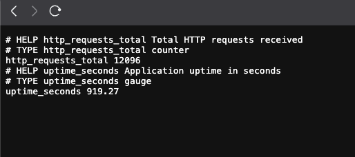 Port-forwarded sample-app metrics endpoint output showing Prometheus text exposition including http_requests_total on /metrics