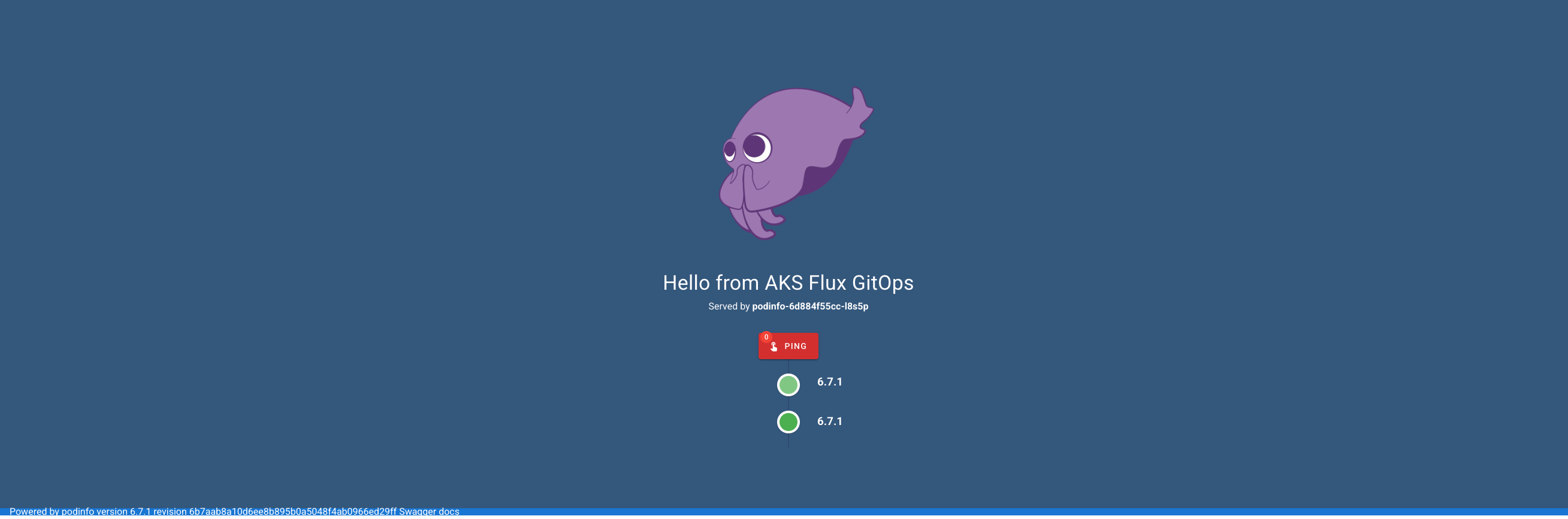 Podinfo UI showing the message Hello from AKS Flux GitOps, served by a Podinfo pod, version 6.7.1
