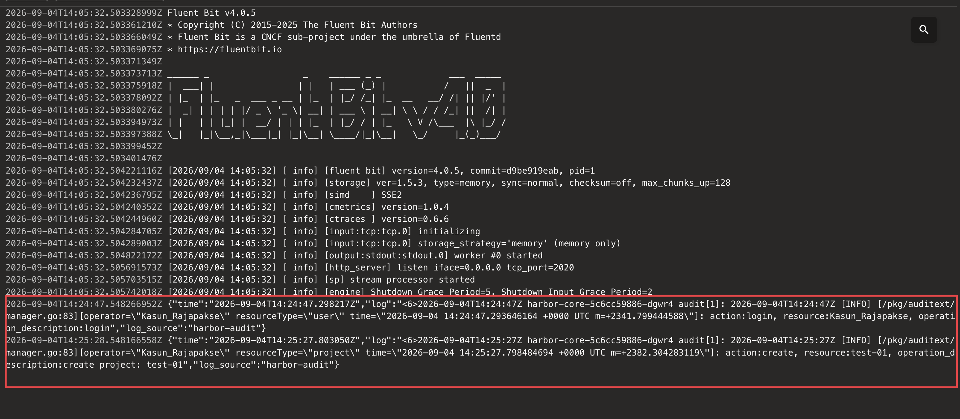 Fluent Bit forwarder stdout showing JSON-wrapped Harbor audit events for a login and a project creation