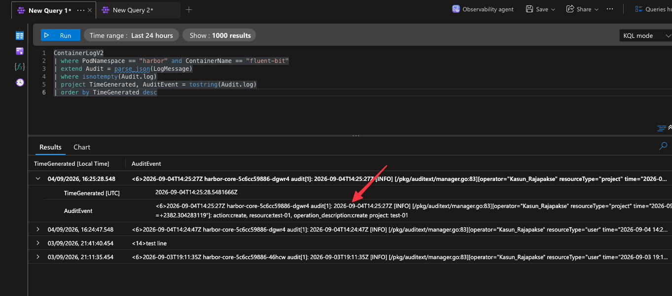 Log Analytics query results showing raw Harbor audit events extracted from ContainerLogV2