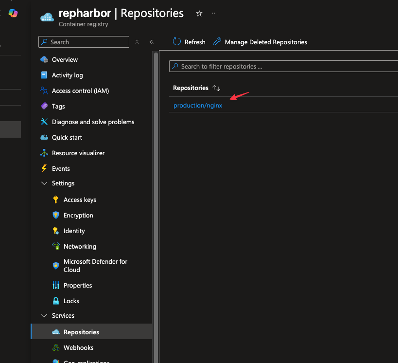 Azure Container Registry Repositories blade showing the replicated production/nginx repository