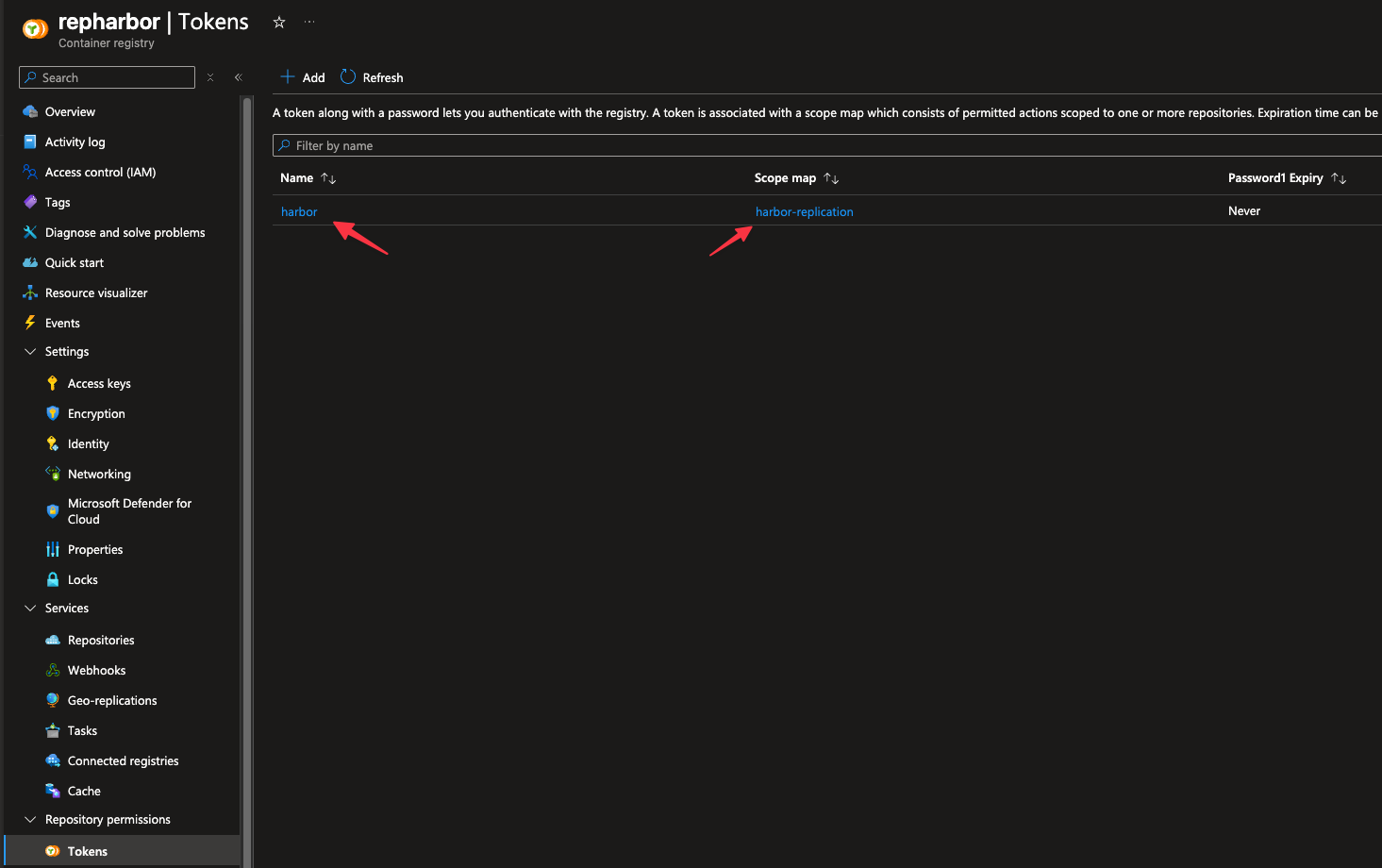 Azure portal showing the harbor token bound to the harbor-replication scope map