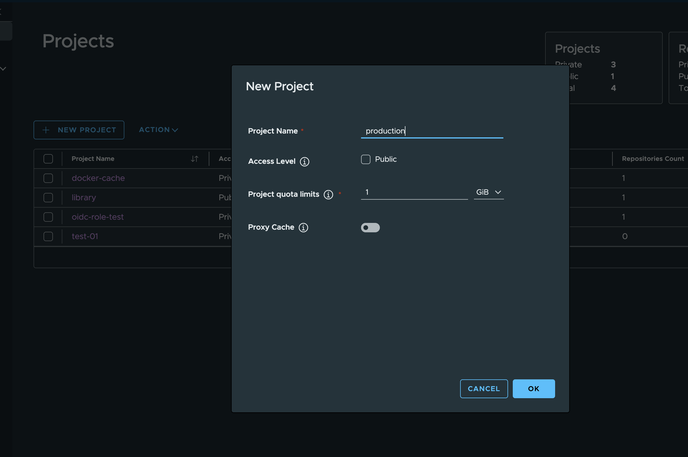 Creating a new private Harbor project named production