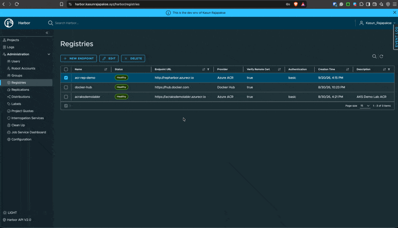 Creating a push-based replication rule in Harbor with a production/** source filter, the ACR destination registry, and an event-based trigger