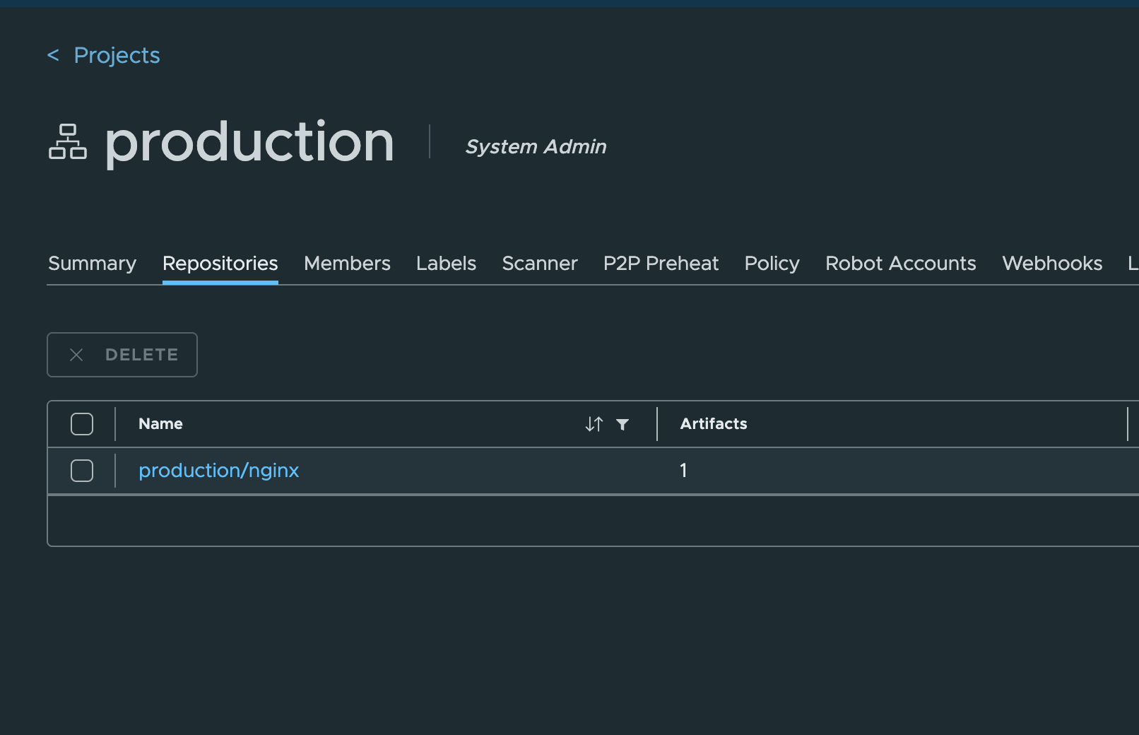Harbor project view showing the production/nginx repository with one artifact