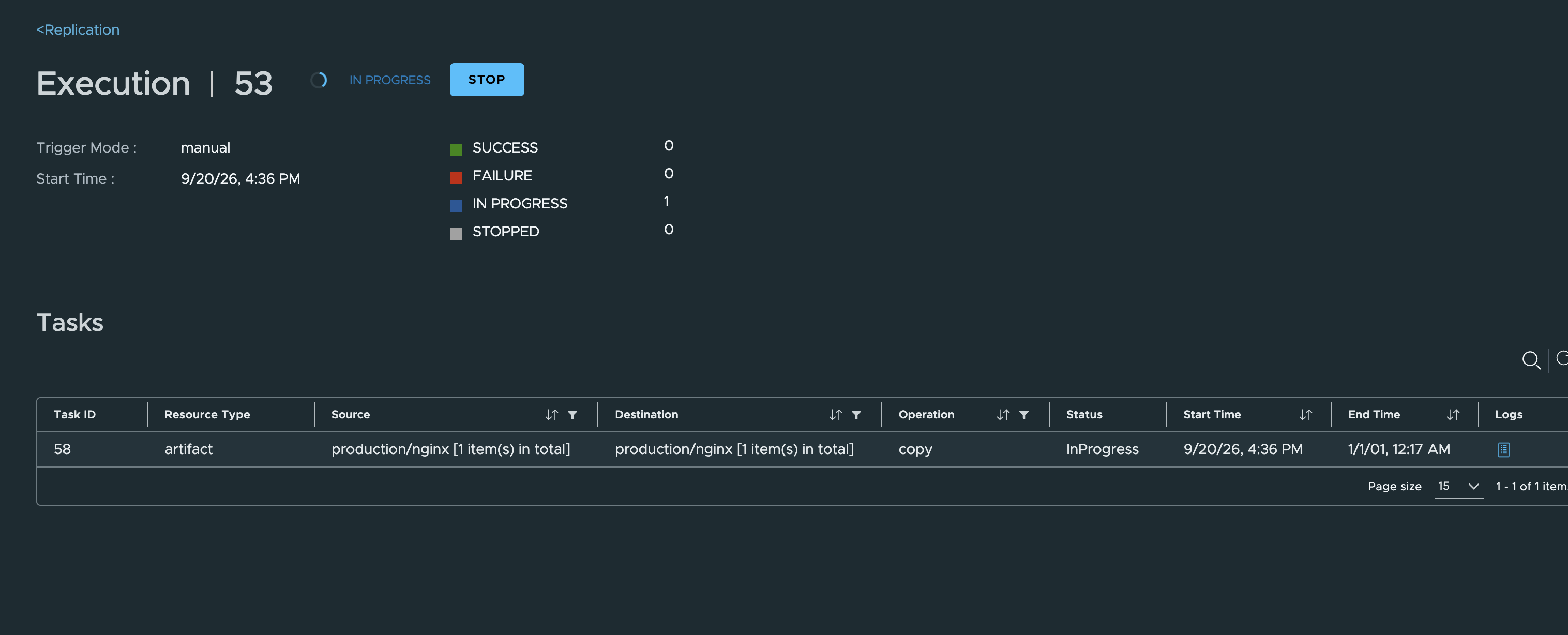 Harbor replication execution detail showing a task in progress copying production/nginx