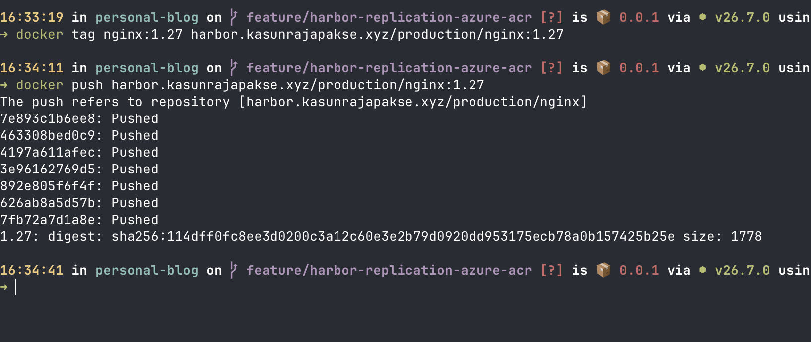 Terminal showing docker tag and docker push completing successfully against the Harbor registry