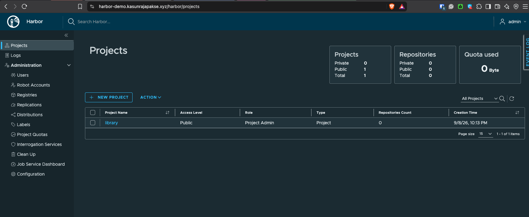 Harbor Projects dashboard after logging in as admin over the custom domain, with the default library project visible