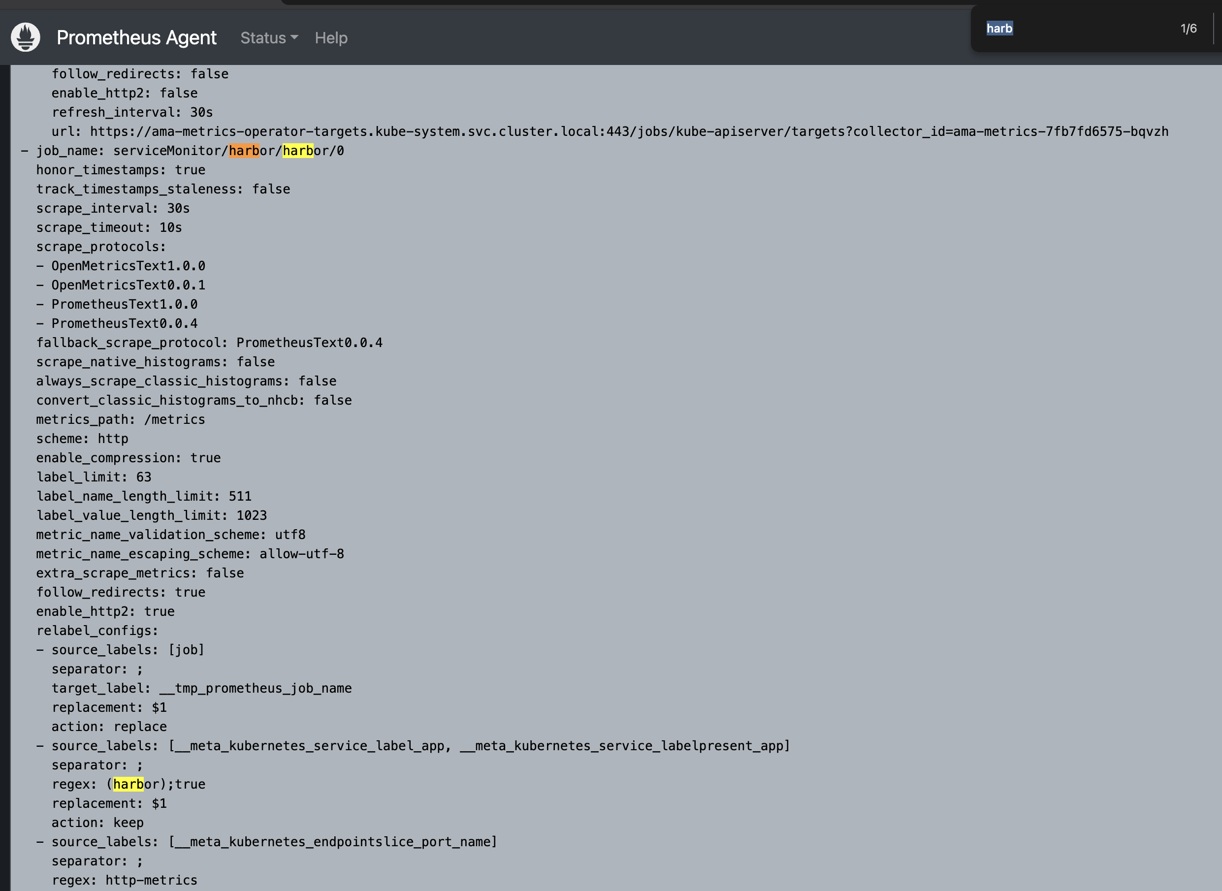 Prometheus Agent configuration showing the Harbor ServiceMonitor scrape job, 30-second interval, metrics path, and configured label limits